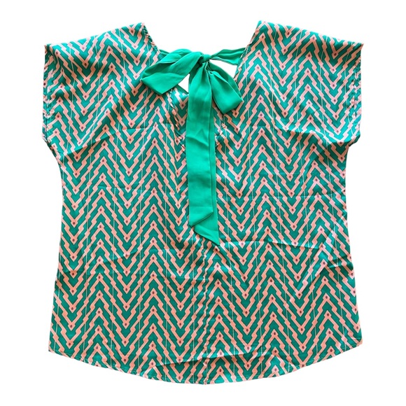 Splendid Green & Orange Geometric Tribal Print Slim Tunic Blouse w/ Bow, Medium - Picture 2 of 9